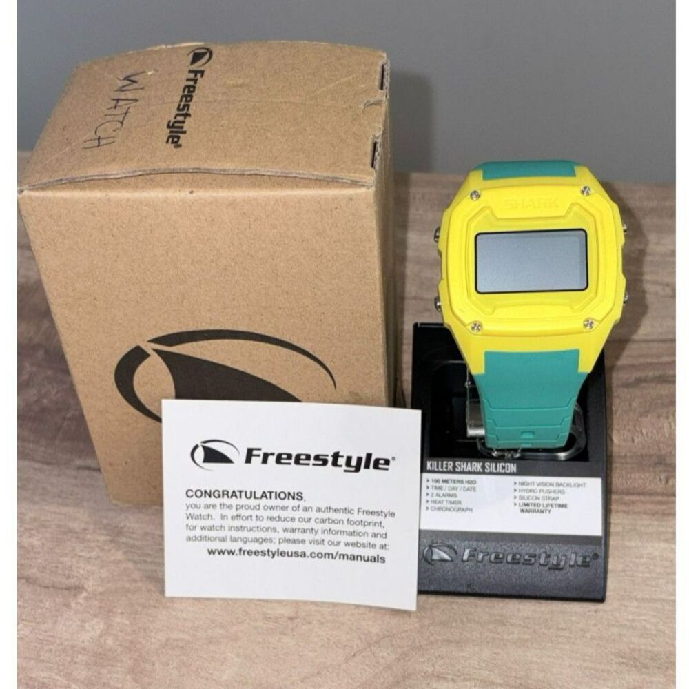 NIB Freestyle Killer Shark Yellow Teal Silicone Digital Watch